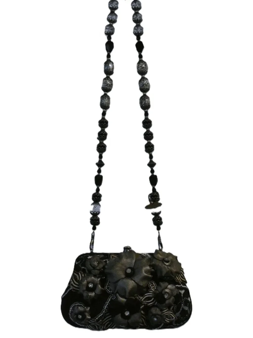 NWOT MARY FRANCES Silver & Black Shoulder Strap Beaded Purse/DustCover
